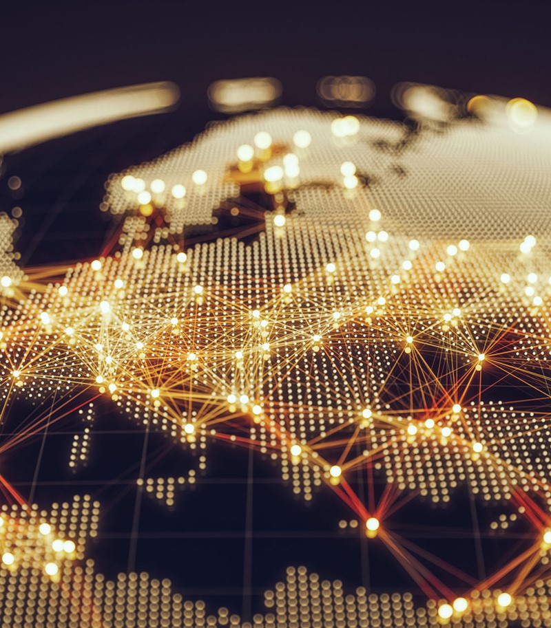 Map of Europe made of dots of light, with brighter dots over main cities and wires interconnecting them